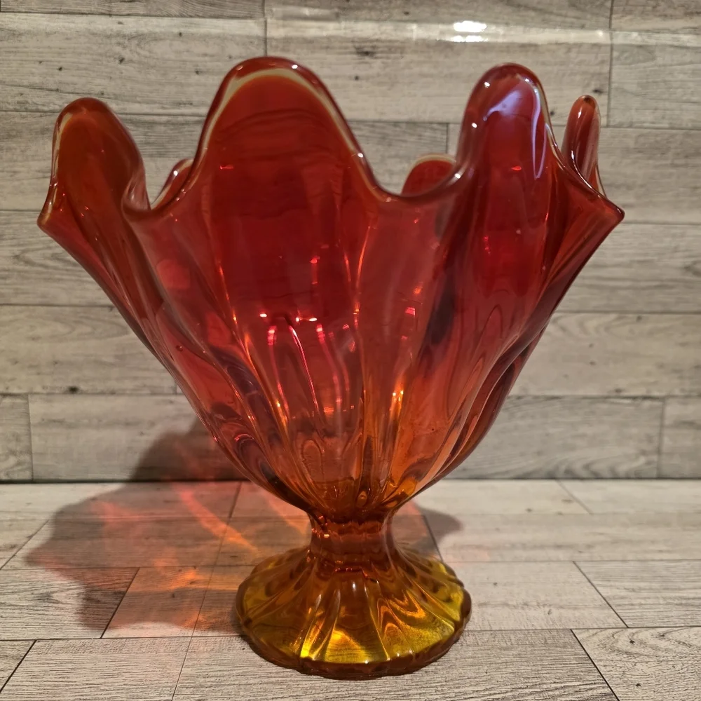 Vintage Art Glass Ruffled Pedestal Bowl - Red and Amber